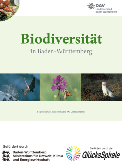 Cover des Begleitbuchs zur Biodoversität in BW Wanderausstellung des DAV Landesverbands inkl. Logos der Förderer